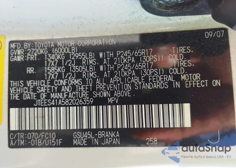 2008 Toyota Highlander z USA, uszkodzony, nr VIN JTEES41A582026359